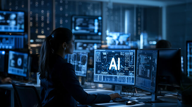 Woman cyber security specialist monitoring AI threat data in a dark control room, ensuring digital defense