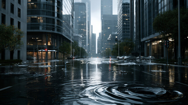 Flooded urban street with corporate buildings reflecting in water during rain, showcasing climate change impact