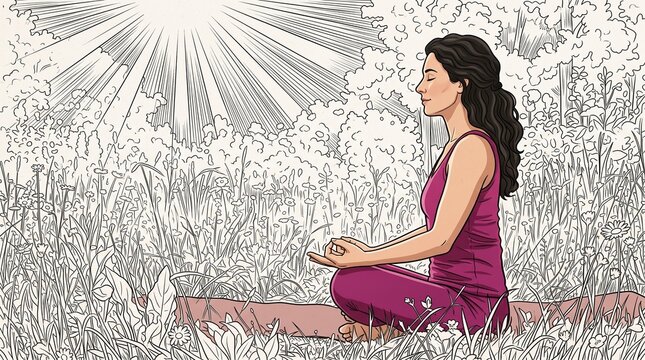 Serene woman meditates peacefully in sunlit natural setting, embracing tranquility and spiritual well-being
