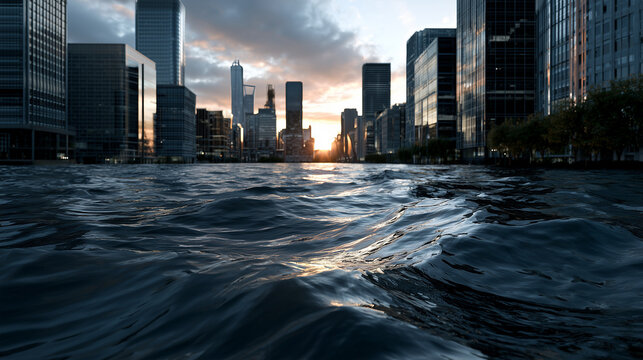 Flooded urban district with city skyscrapers at sunset, rising sea levels impacting modern architecture