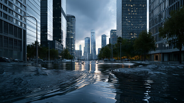 Urban district street flooded with cars submerged, depicting climate change impact and extreme weather
