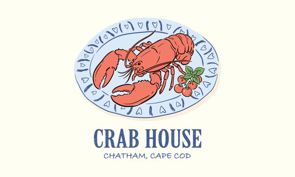 Vintage lobster illustration on a blue plate with tomatoes for a seafood restaurant logo design.