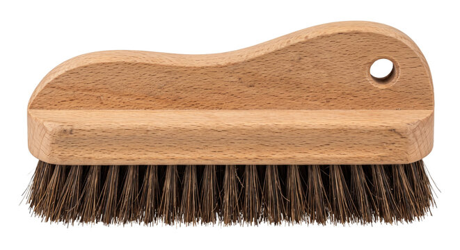 Sturdy wooden scrubbing brush with natural brown bristles and a comfortable ergonomic handle, isolated on a clean white background