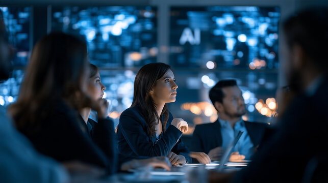 Business professionals attending a corporate meeting, focusing on AI and future technology in a modern office