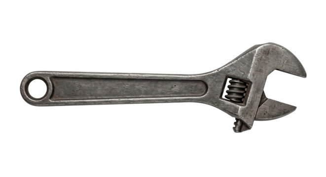 Single old metal adjustable wrench with visible wear and tear is positioned horizontally on a clean white background