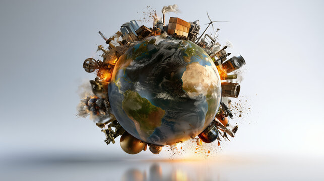 Planet Earth suffering from pollution, climate change, and environmental destruction, featuring industrial and waste elements