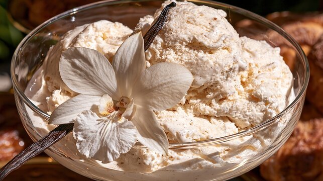 Delicious White Vanilla Ice Cream Scoops in Glass Bowl