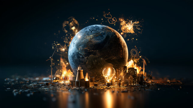 Earth surrounded by burning city, industrial plants, light bulb, and abstract symbols, illustrating global issues and solutions