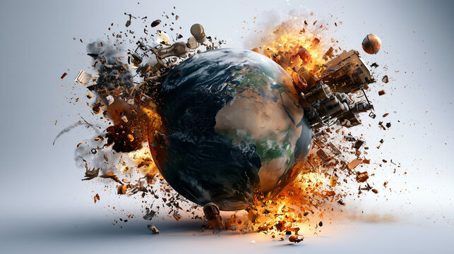 Planet Earth exploding with destructive debris and fire, depicting global crisis, climate change, and economic collapse