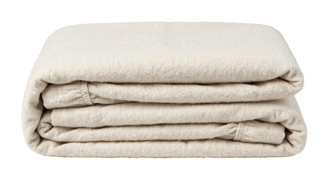 Neatly folded stack of four light beige blankets with a textured fabric surface, isolated on a white background