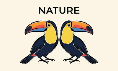 Fototapeta premium Vector illustration of two colorful toucans with the text nature for a tropical design.