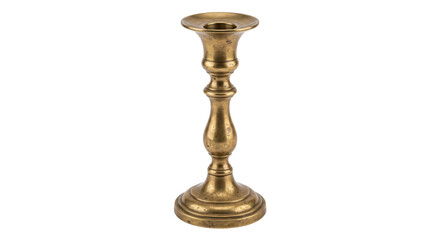 Old ornate brass candlestick with a classic design and a weathered patina stands upright on a clean white background © no one