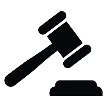 Black silhouette icon of a judge gavel or auction hammer hitting a sounding block, symbol of law, justice, court, legal system, and public sales