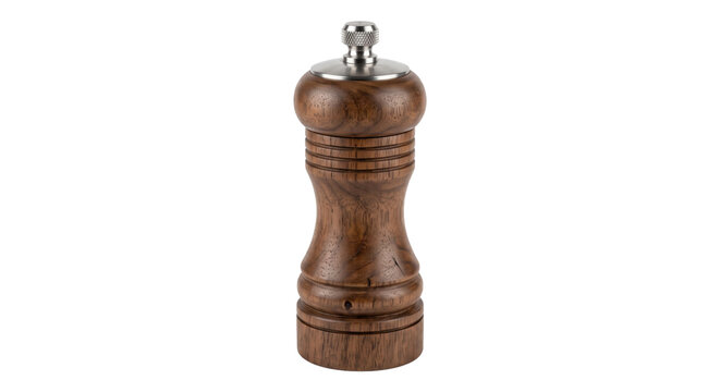 Tall, elegant wooden pepper mill with a shiny silver top stands vertically on a clean white background