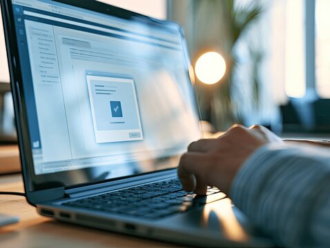 Laptop displaying an approval request card while a human hand reaches toward the trackpad for AI agent approval