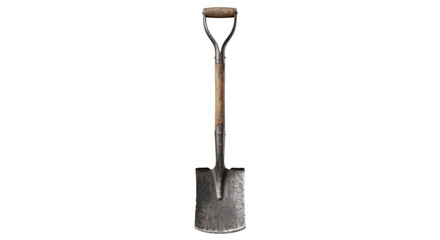 Old rusty metal shovel with a wooden handle stands upright against a clean white background, ready for work © no one