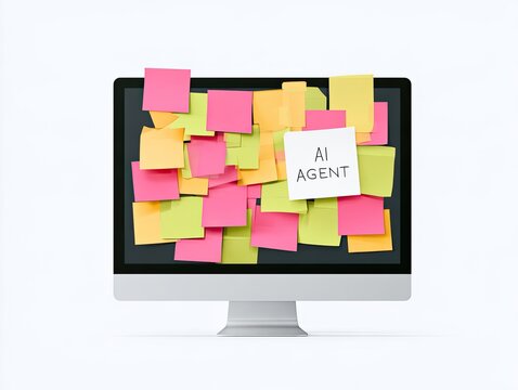 Flat illustration of computer monitor covered with sticky notes and AI AGENT label