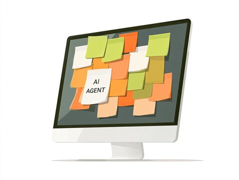Flat illustration of computer monitor covered with sticky notes and AI AGENT label