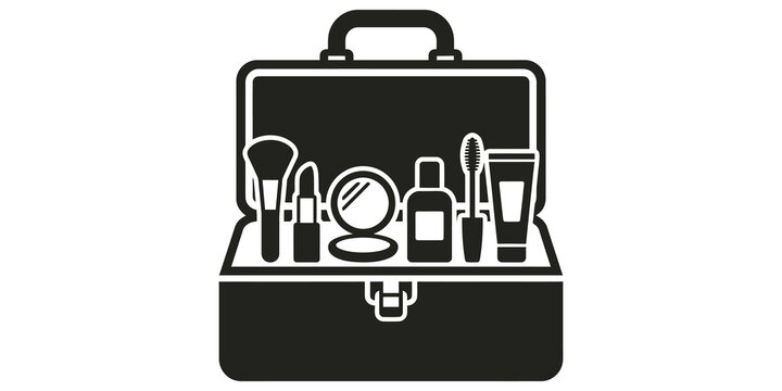 Black makeup case icon with beauty products including lipstick brush and mirror for professional cosmetic kit illustration.