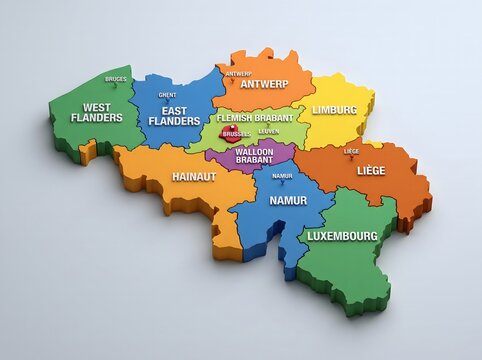 Colorful 3D map of Belgium with labeled provinces and cities