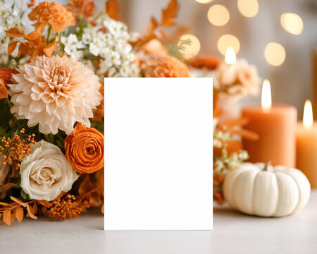 Blank card mockup surrounded by autumn flowers, candles, pumpkins, and warm seasonal table decor
