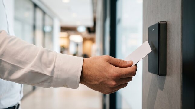 Businessman using electronic keycard to unlock modern office door