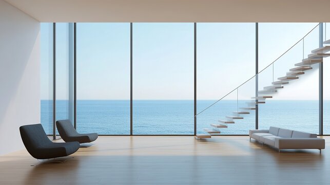 Luxury architecture, ocean front property landscape. Modern living room interior design with sleek contemporary designer furniture, minimalist decor large windows, panoramic coastal view background.