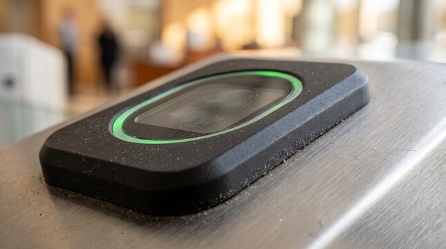 Modern electronic security access control reader with green glowing indicator light on office building turnstile