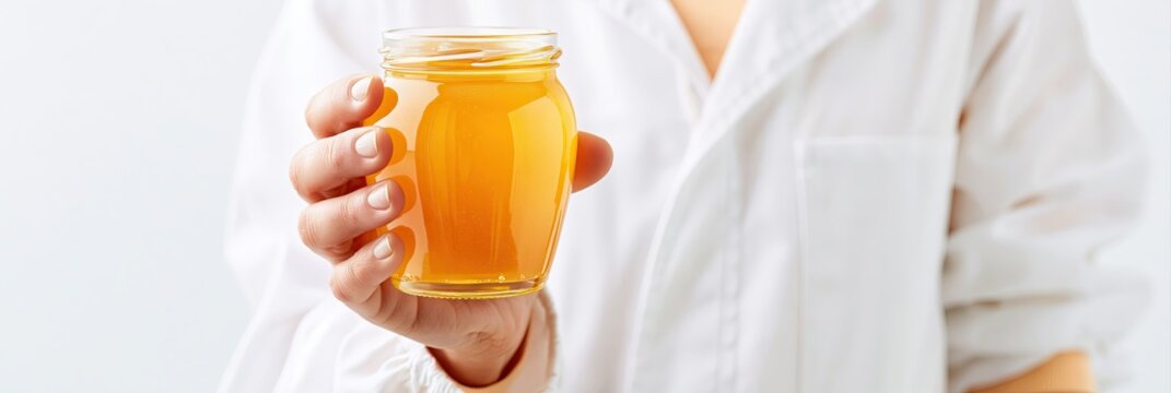 Hand in white lab coat holding a glass jar of golden honey