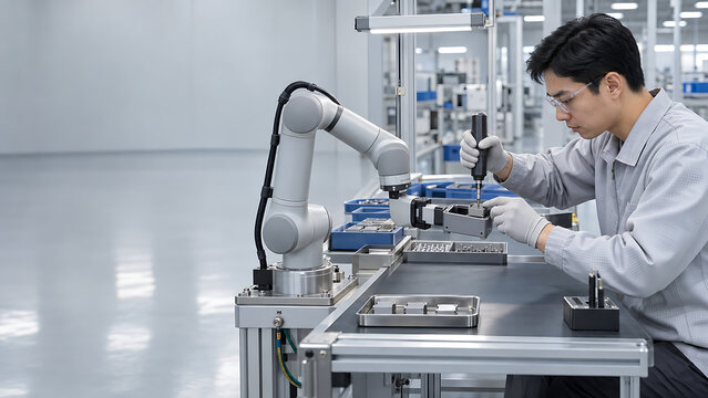 Technician and collaborative robot assembling precision electronics