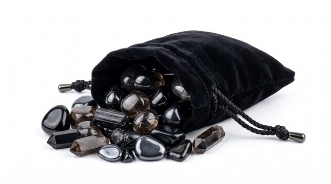 Black Velvet Pouch Spilling Assorted Dark Healing Crystals and Gemstones on White Background