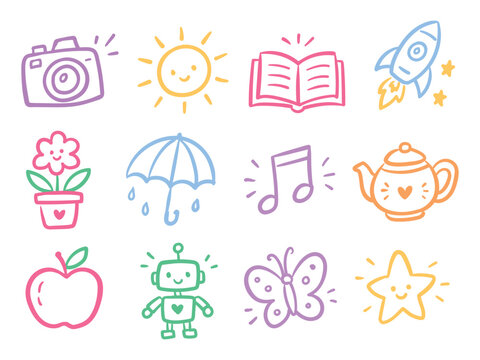 Cute colorful doodle icons set for kids education and nursery vector illustration
