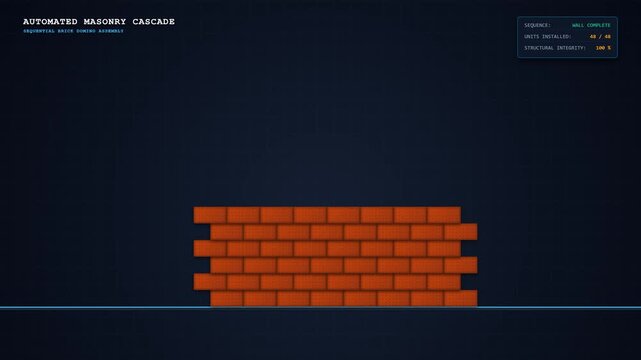 3D motion animation of a brick domino effect where falling masonry units trigger the assembly of an entire structural brick wall in a smooth, continuous sequence.