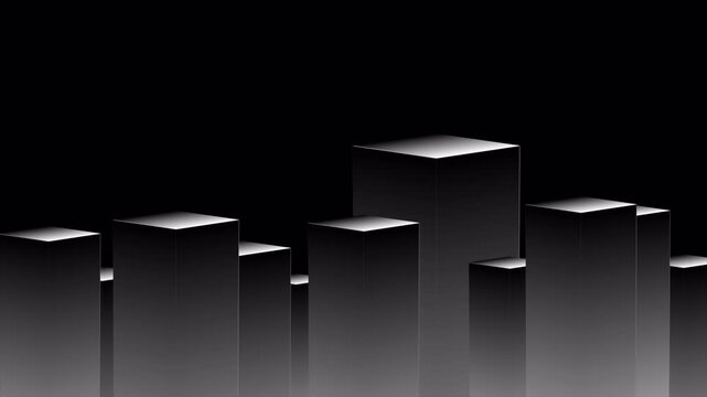 Abstract 3D rendering of dark architectural skyscraper structures against a black background.