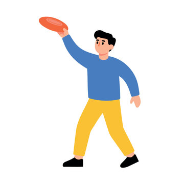 A young man in a blue shirt and yellow pants is about to throw a frisbee on a white background.