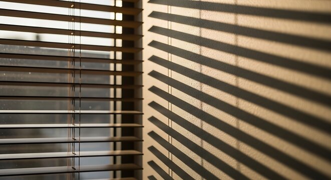 Close up view of horizontal window blinds casting shadows.