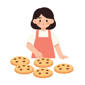 A person wearing an apron is arranging round chocolate chip cookies on a flat surface, depicted in a cute cartoon style.