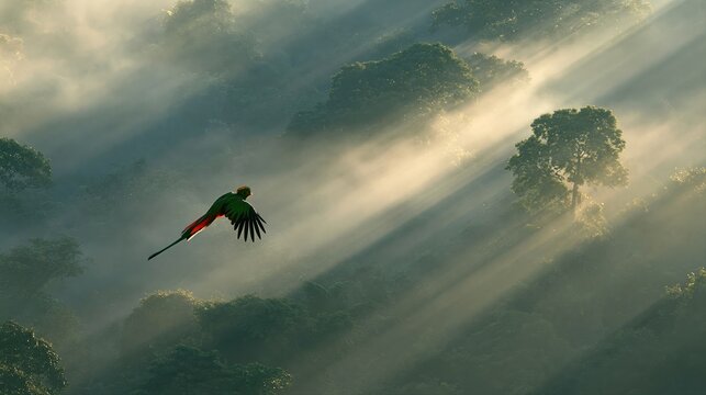 Quetzal bird flying through misty forest rays