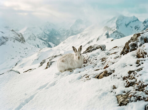 alpine hare in winter snow mountain landscape wildlife photography