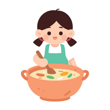 A smiling young girl in an apron stirs a large pot filled with soup and vegetables.