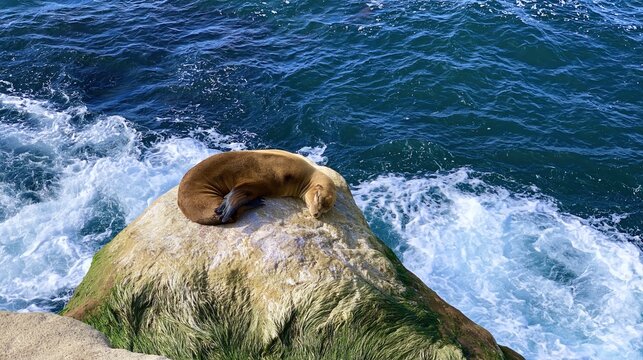 Sea lion curled up sleeping on a rock near ocean waves