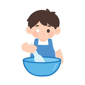 A cheerful cartoon boy with brown hair and rosy cheeks mixes food in a bowl while wearing a blue apron.