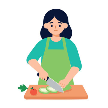 A person wearing a green apron is actively chopping vegetables on a board, preparing food.