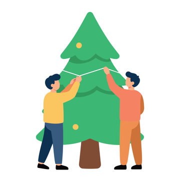 Two men decorate a large green pine tree with string lights and yellow circular ornaments
