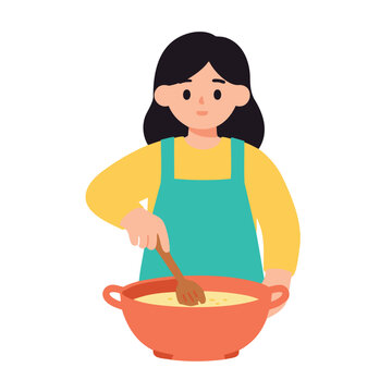 A woman wearing a yellow shirt and teal apron is preparing food in a red bowl with a wooden spoon.