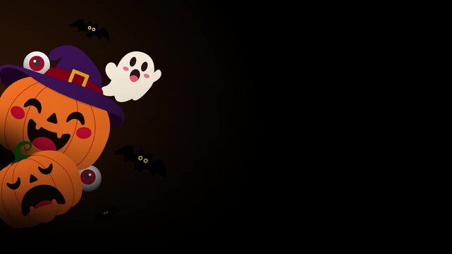 Animated Halloween scene with pumpkins, witch hat, bats, ghost, and eyeballs