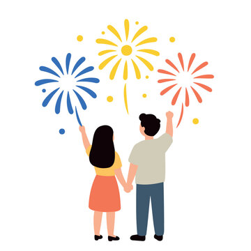 A man and woman stand together watching colorful fireworks explode above them