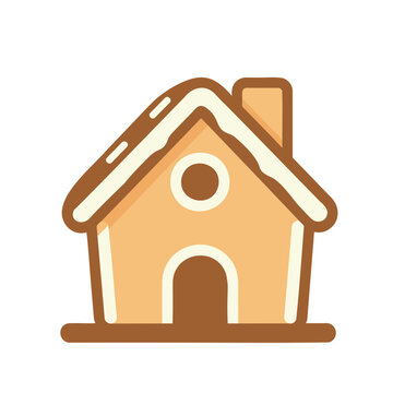 A flat, cartoon-style gingerbread house icon features a single door and window.