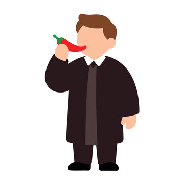 A person in a dark suit and tie puts a red chili pepper into their mouth with their hand.