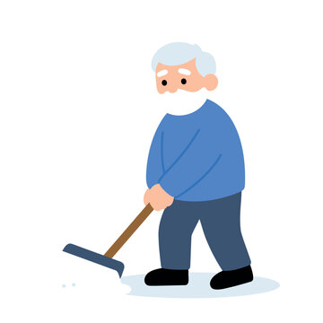 An elderly man with white hair and a beard wears a blue sweater and dark pants while shoveling snow.